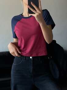 DAZY Camiseta casual de mujer de manga corta, cuello redondo, bloque de color, crop tops de mujer