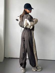 DAZY Conjunto de 2 piezas para mujer con chaqueta y pantalones con pespuntes en contraste, ropa de mujer para otoño - Gris Oscuro - Ver 2