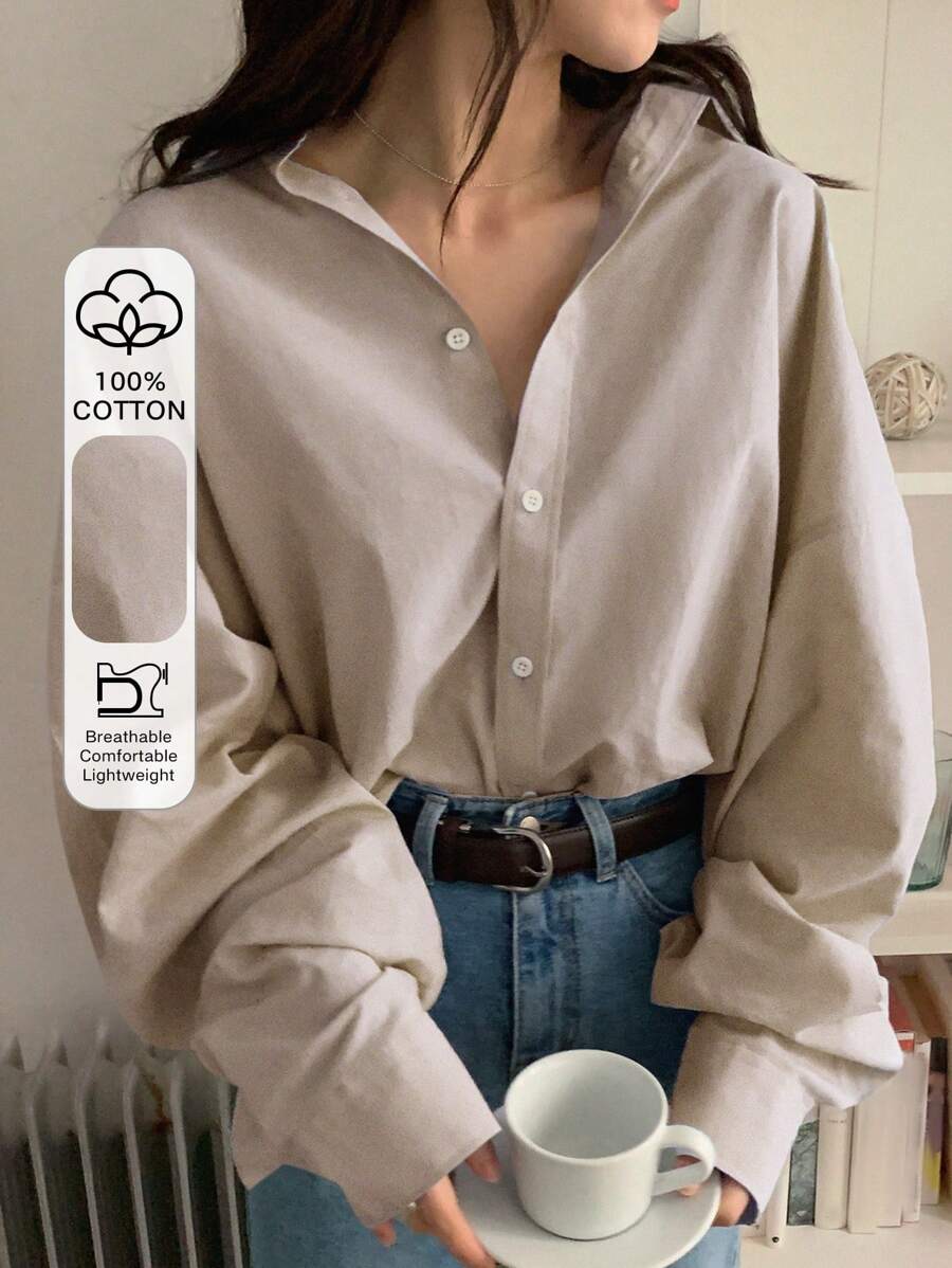 DAZY Women's Solid Color Simple Daily Wear Long Sleeve Button-Down Shirt - Khaki - View 1