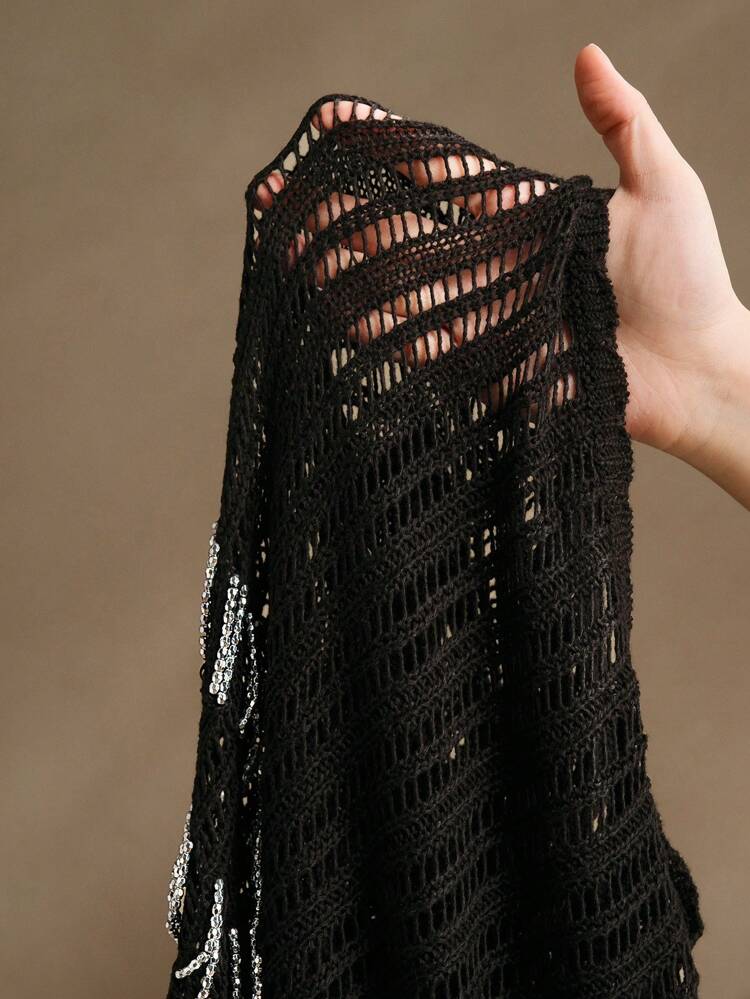 Black Beaded Mesh Knit Hollow Out Long Sleeve Crew Neck Top, Elegant, Casual, Suitable For Spring, Summer, Festival, Vacation