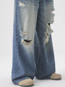 Chillumni Plus Size Men's Casual Distressed Wide Leg Jeans - Medium Wash - View 7