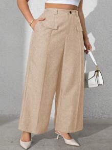 Vionelle 大码女式纯色前口袋休闲裤 - 杏色 - 查看 6