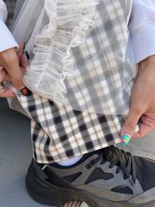 FRIFUL Women's Plaid Mesh Panel Ruffle Hem Decorative Ankle Length Pants Fall