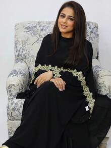 Modelyn Plus Size Women Elegant Lace Trim Dress With Shoulder Cape, Arabic Style Set, Modest - Black - View 10
