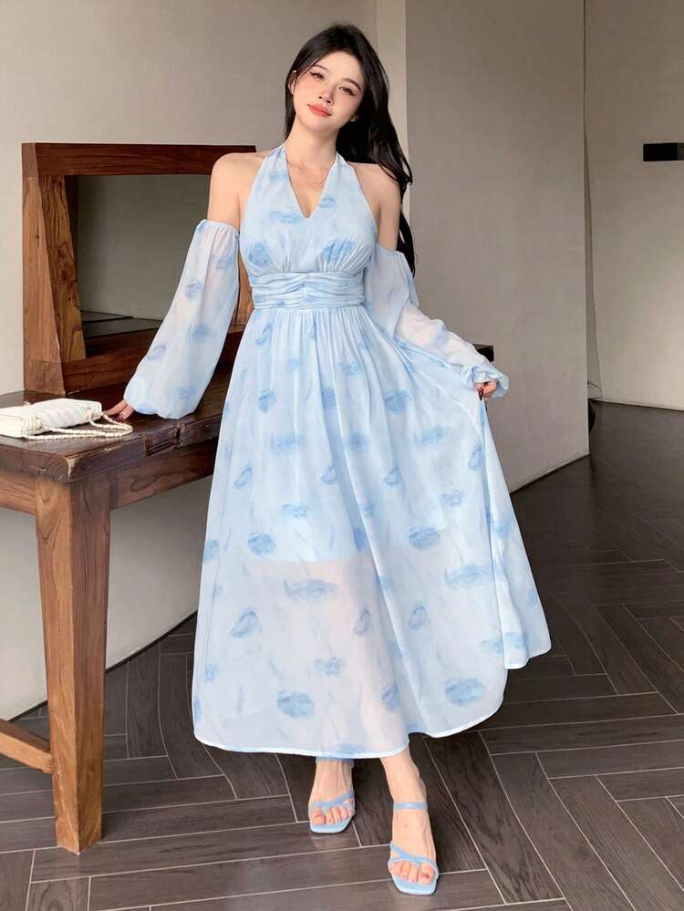 Women's Ditsy Floral Chiffon Dress With Cinching Waist, Hollow Out High Low Hem, Knee Length Boho,Fall Dress Long Sleeve Dress Cruise Outfit For Women