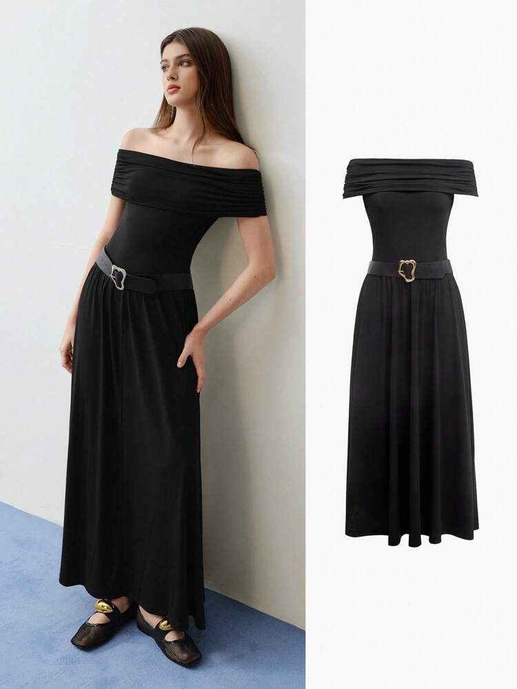 MOTF STUDIO WOMEN'S 1PC OFF SHOULDER METAL BUCKLE BELT MIDI DRESS,SPRING/SUMMER