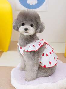 PETSIN 白色荷叶边蝴蝶结点缀草莓印花宠物连衣裙，可爱活泼，适合春夏季