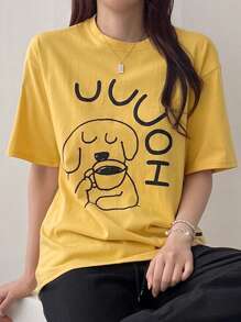 DAZY 女士夏季短袖字母圆领卡通印花T恤，线条图案可爱上衣、图案T恤、教师装 - 黃色 - 查看 8