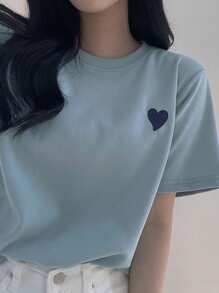 DAZY 女士圆领刺绣撞色心形图案 T 恤，简约设计可爱上衣 - 藍色 - 查看 5