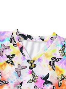 PopScrub Tie-Dye Butterfly Print Short Sleeve Scrub Uniform Top - Multicolor - View 3