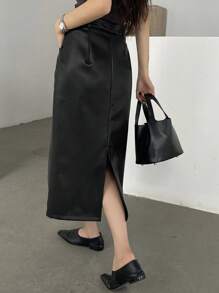 DAZY Solid Color PU Straight Slit Skirt For Women,Pencil Skirt,Fall Clothes Leather Skirt Winter Women Skirts