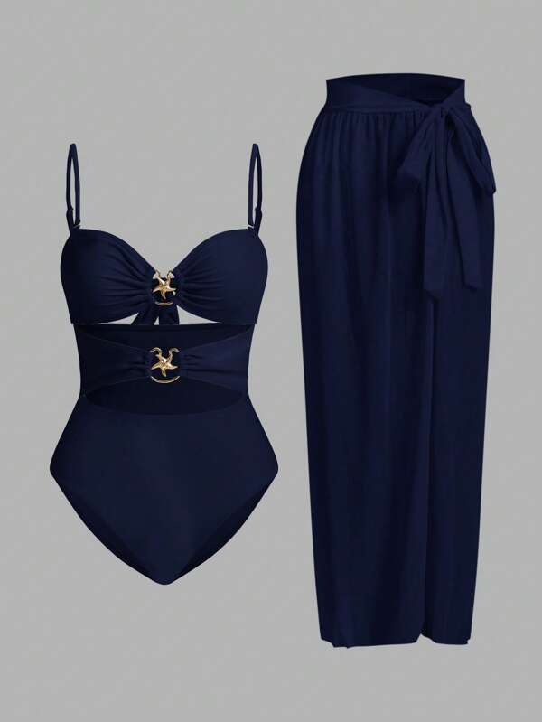 Swim Oasis 1 conjunto de traje de baño con camiseta y falda a juego con decoración de estrella de mar, para vacaciones en la playa