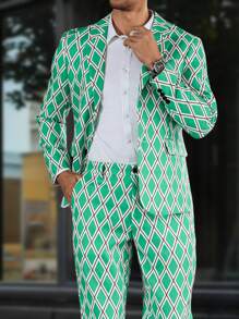 Manfinity AFTRDRK 男士缺口翻领钻石格纹绿色撞色派对日常穿着西装外套西裤套装，男士两件套西装，男友礼物 - 綠色 - 查看 3