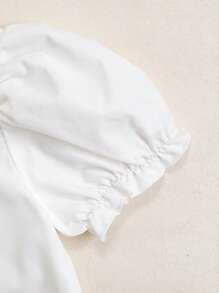 2pcs/Set Tween Girls Ruffle Accent Puff Sleeve Top In White & Khaki Shorts With Belt - Multicolor - View 4