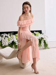 MOTF Soiréza RUFFLE TRIM SPLIT SIDO KLÄNNING - Korallrosa - Visa 1
