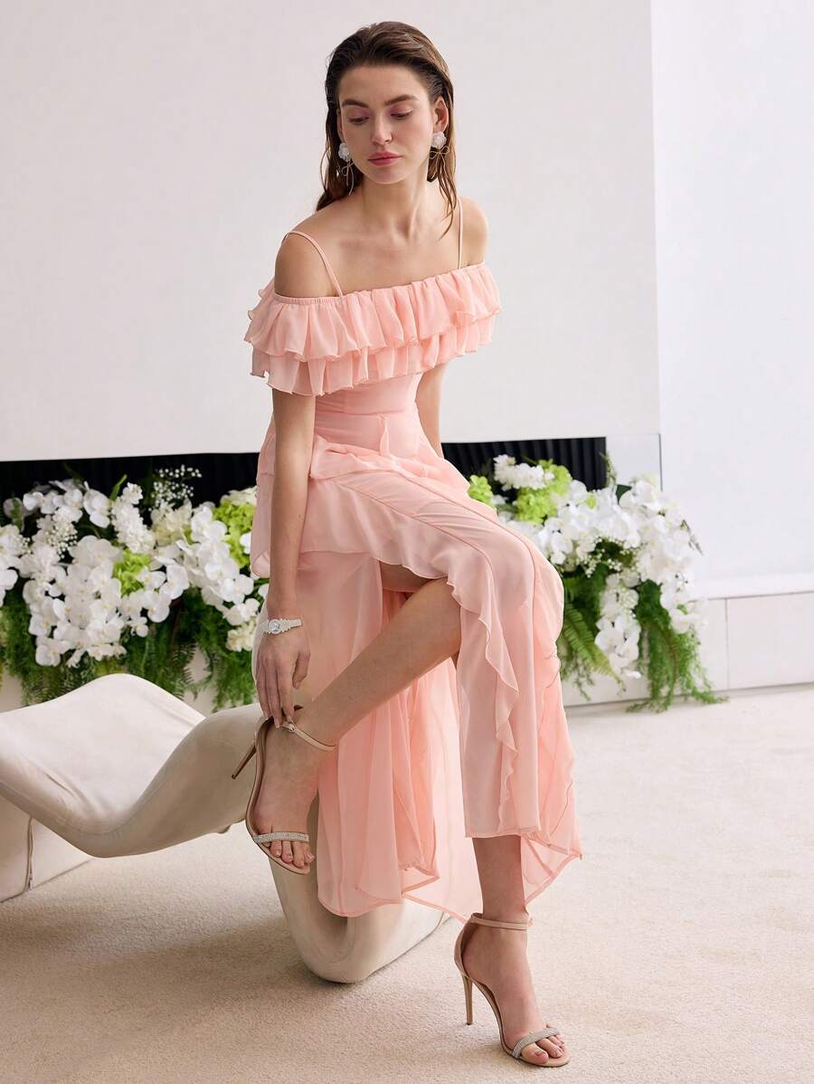 MOTF Soiréza RUFFLE TRIM SPLIT SIDO KLÄNNING - Korallrosa - Visa 1