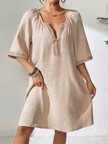 Women Apricot V-Neck Casual Top With Woven Trim, Spring/Summer - Apricot - View 1