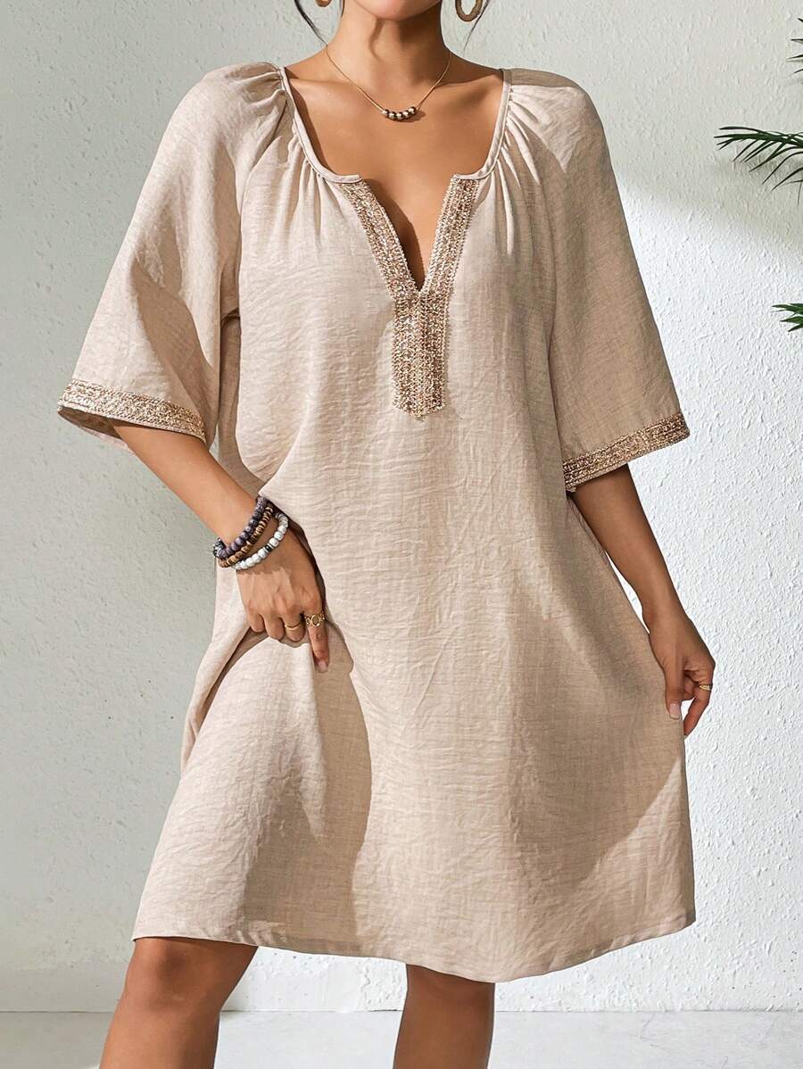 Women Apricot V-Neck Casual Top With Woven Trim, Spring/Summer - Apricot - View 1
