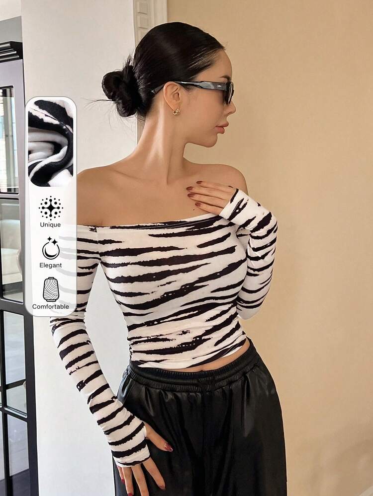 Women's Zebra Print Off Shoulder Slim Fit All-Match T-Shirt Black And White Spring And Summer Long Sleeve Women Tops Crop Women Tops