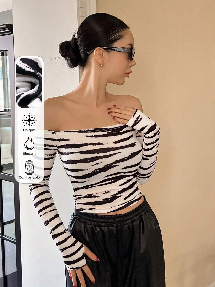 DAZY 女士斑马纹露肩修身百搭T恤黑白春夏长袖女上衣短款女上衣 - 黑與白 - 查看 1