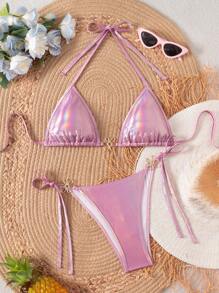 SHEIN Swim 女式夏季节日波西米亚风吊带系带上衣和侧系带可调节性感下装比基尼套装，粉色，适合夏季海滩度假 - 粉色 - 查看 1