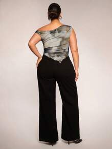 SHEIN BAE Damen Große Größen Leoparden-Muster Asymmetrischer Saum Offene Schulter Rüschen Locker Oberteil, geeignet für Lässig, Pendeln, Ausgehen, Date, Nachmittagstee, Urlaub