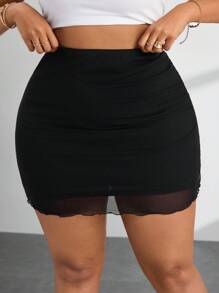 SHEIN PETITE CURVE 大码黑色针织网眼女式半身裙 - 黑色 - 查看 6