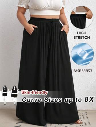 SHEIN CURVE+ Pantalones anchos de tiro alto de talla grande con cinturilla, bolsillos laterales, tela acanalada, color negro, adecuados para vacaciones, ocasiones casuales elegantes, combinación básica, verano, vacaciones en la playa, festival bohemio, vacaciones bohemias