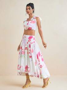 Miriam Omar Designer Women Floral Printed Crop Top With High Waist A-Line Skirt Set Elegant Romantic Spring And Summer Two-Piece Vacation Outfit, Spring Break, Ibiza Fits - Multicolor - View 6
