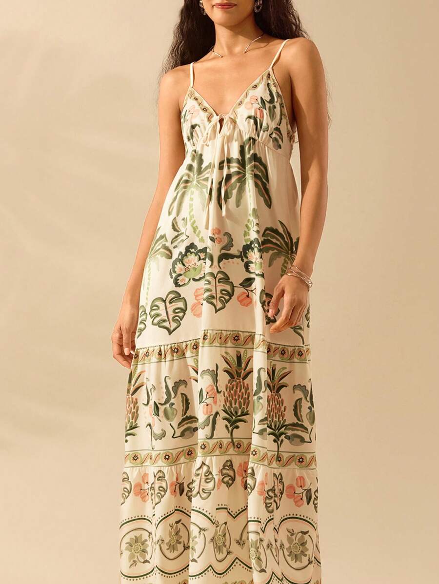 CAJUNI 花卉印花前系带超长吊带连衣裙