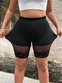 SHEIN LUNE Plus Size Lace Patchwork Knitted Cropped Leggings - Black - View 1