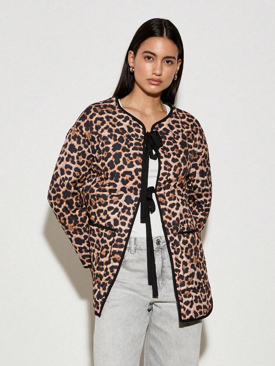 AiiRZ Winter Quilted Puffer Jacket Leopard Print Warm Padded Outerwear High-Neck Zip-Up Insulated Cozy Jacket Fall Fashion Lightweight Thermal Layer - Multicolor - View 1