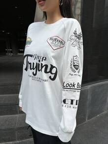 DAZY Text Design Raglan Sleeve T-Shirt Keep Tryin EFFORT SHOULD BE A HABIT NOT A WHIM Long Sleeve Women Tops - White - View 6