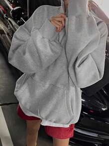 DAZY Half Zip Drop Shoulder Oversized Sweatshirt,Fall Women Clothes - Light Grey - View 2