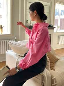 DAZY Solid Drop Shoulder Button Front Shirt Long Sleeve Top - Hot Pink - View 5