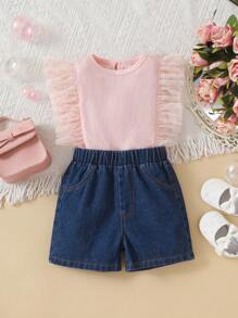 2pcs/Set Baby Girls Ribbed Contrast Polka Dot Mesh Ruffle Trim Cap Sleeve Top And Elasticated Waist Denim Heart Embroidered Shorts Set, Comfy & Cute, Suitable For Spring, Summer, Autumn - Multicolor - View 2