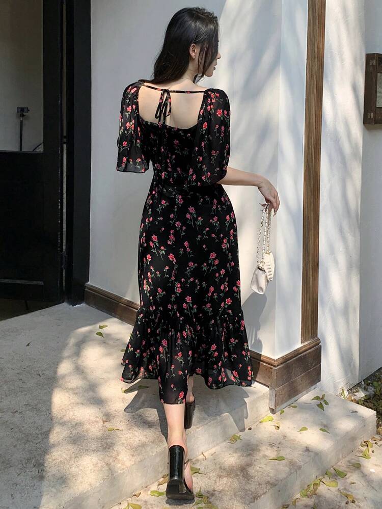 Elegant Women's Floral Chiffon Ruffled Collar Mermaid Hem Dress, Summer,Milkmaid Dress Sundress Vacation Outfits Women Easter Boho