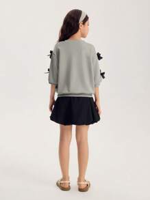 SHEIN Tween Girls 2 件套 - 灰色褶皱灯笼袖上衣配装饰蝴蝶结，黑色短款泡泡裙，适合上学、郊游、运动、春夏季 - 彩色 - 查看 2