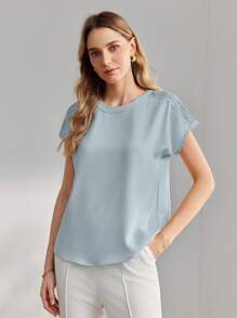 MOTF PREMIUM 对比色蕾丝短袖衬衫 - 淺藍色 - 查看 8