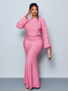 Maweii 加大码，优雅美人鱼下摆长裙，灯笼袖，派对，伴娘，婚礼季，毕业典礼，节日，音乐节，浪漫，爱情，婚礼女装，其他聚会场合 - 粉色 - 查看 3