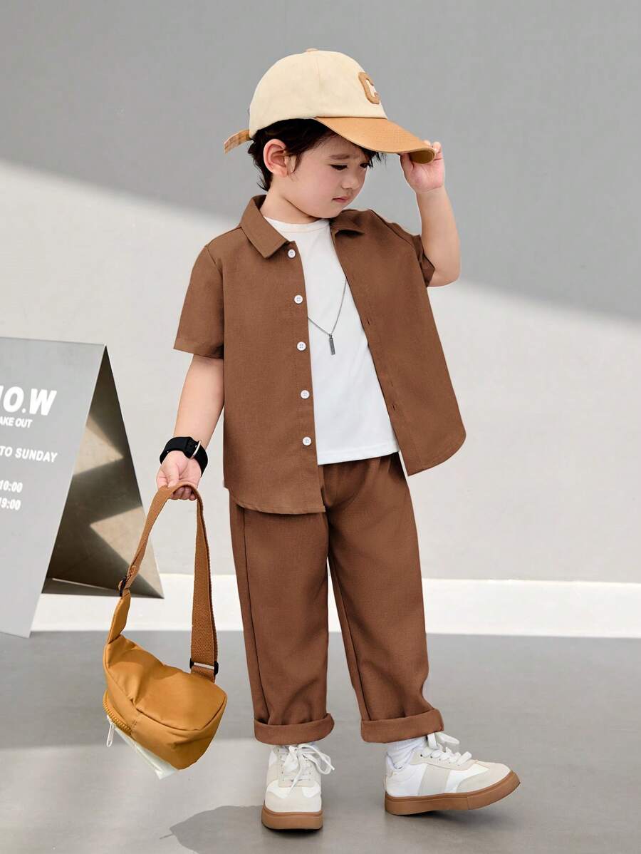 SHEIN Leap Crew 2pcs Set: Solid Color Collar Short Sleeve Top & Slim Fit Pants For Young Boys - Brown - View 1