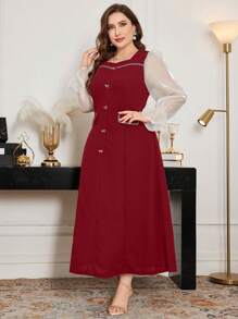 Modelyn 大码优雅欧根纱蝴蝶结连衣裙 - 酒紅色 - 查看 6