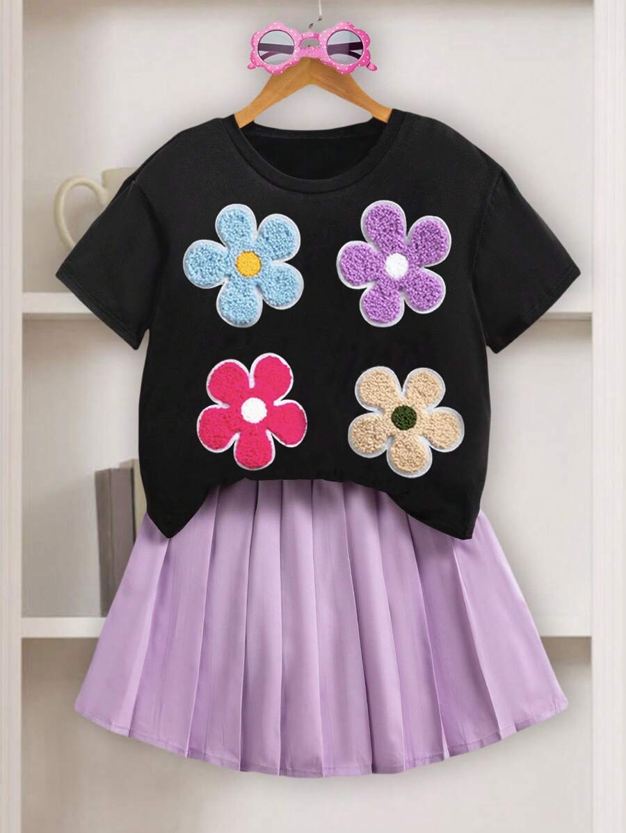 SHEIN Sparklyn Tween Girls 2pcs/Set Short Sleeve Round Neck Casual Embroidered Flower Decor T-Shirt And Mini Skirt Two-Piece Suit, Chic & Fashionable For Daily Wear - Multicolor - View 1