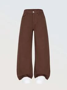 SHEIN Denimly 女童时尚休闲简约牛仔裤，松紧腰拉链门襟，水洗效果长裤