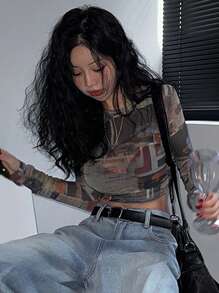 DAZY 女士网眼印花修身短款上衣，节日花朵度假海滩装，春夏长袖女上衣，秋季女装 - 彩色 - 查看 9