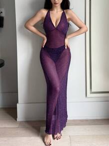 DAZY Sheer Silver Metallic Thread Blend Mesh Deep V Neck Open Back Sexy Nightgown - Purple - View 6