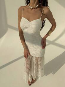 Aloruh Vestido de novia de encaje blanco con volantes ajustados hasta el piso, sin mangas, para primavera/verano - Blanco - Ver 3