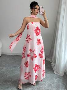 Elenzga Damen Frühlings-/Sommerurlaub Reise Blume Muster Schulterfreies langes Kleid mit Schärpe