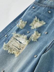 Teenage (Girls) Retro Rhinestone Ripped Washed Wide-Leg Jeans, Casual Fashion - Medium Wash - View 3