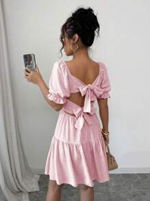 Chiquease 瑞士圆点系带露背荷叶边下摆连衣裙新年服装度假海滩装女士